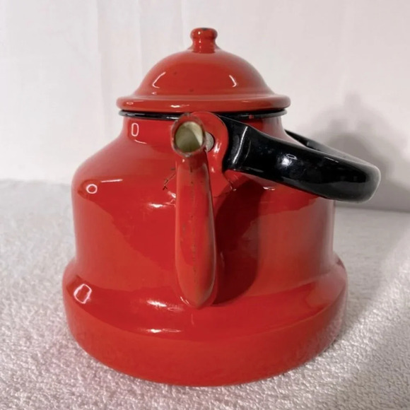 Vintage Red Enamel Kettle Teapot With Handle - Picture 3 of 14